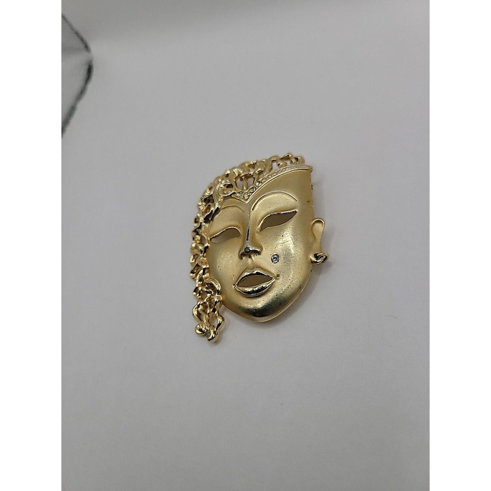 Vintage Gold Tone Drama Mask Brooch pin Rhinestone Beauty Mark Theatrical Face - Picture 3 of 10